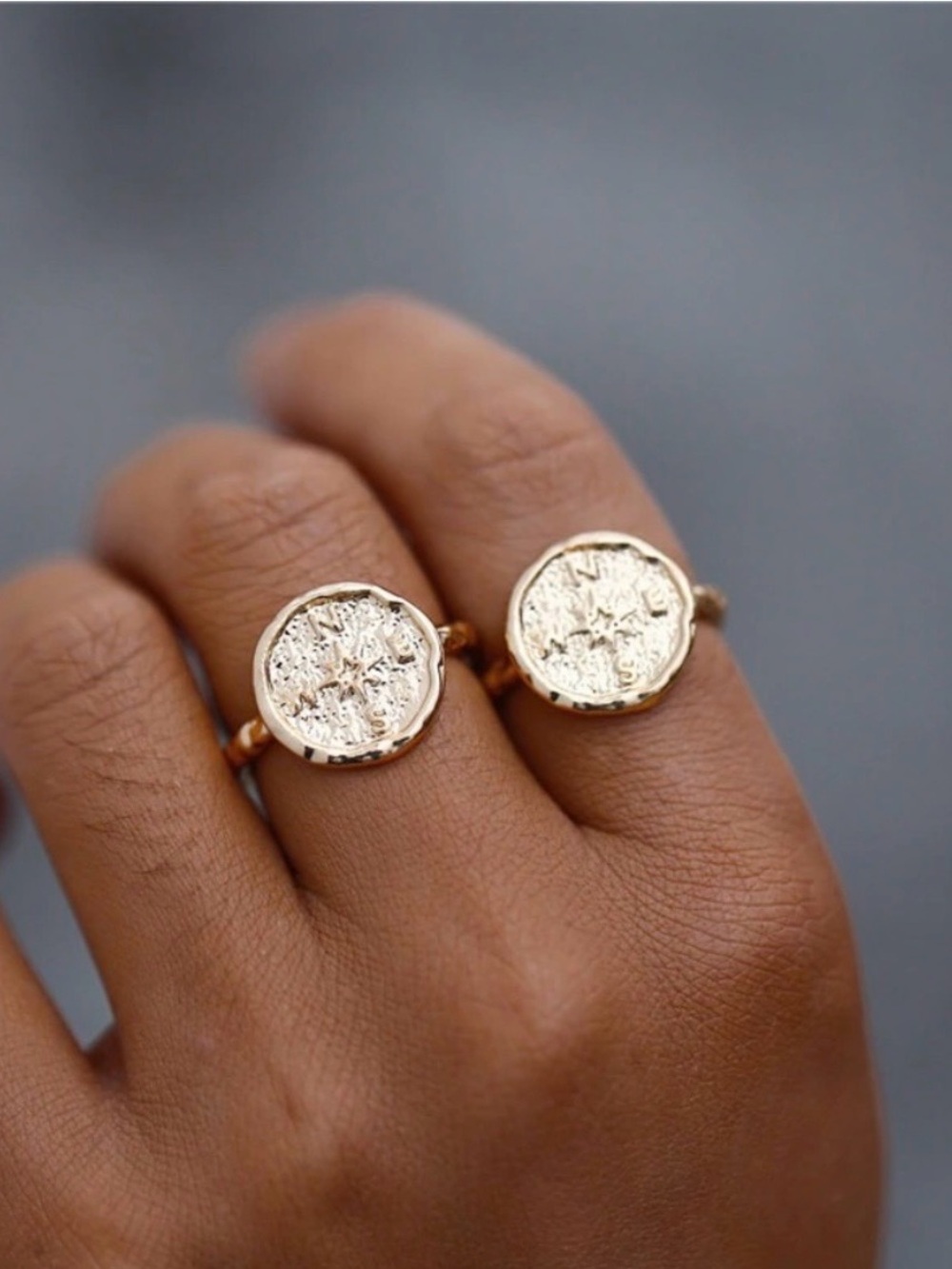 Vintage Round Carved Compass Coin Ring